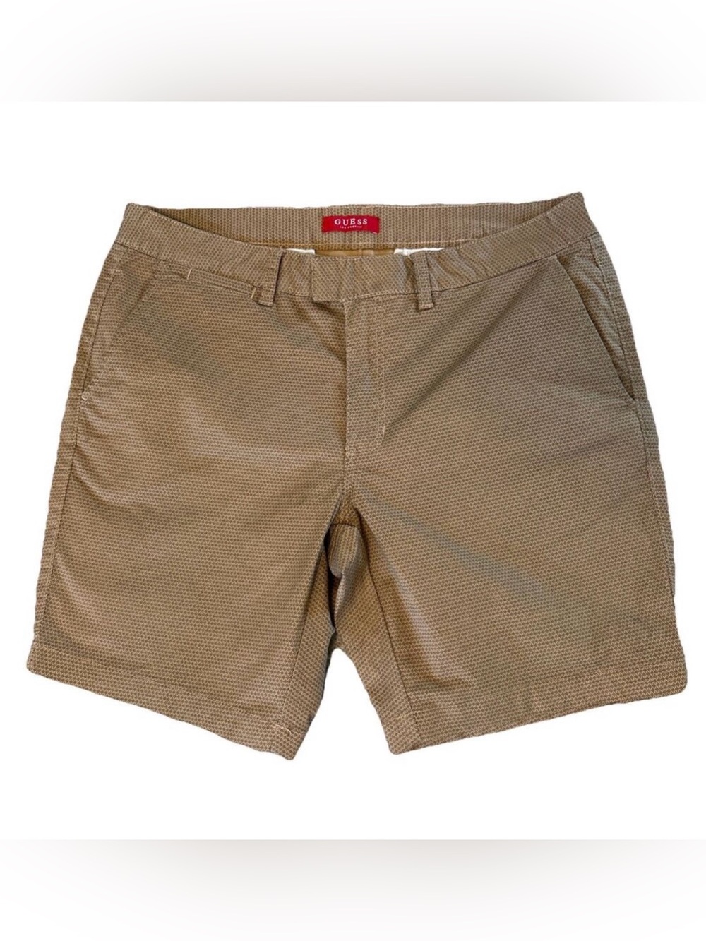 Guess Men’s Los Angeles VTG Brown Patterned Fabric Twill Chino Shorts Sz 33